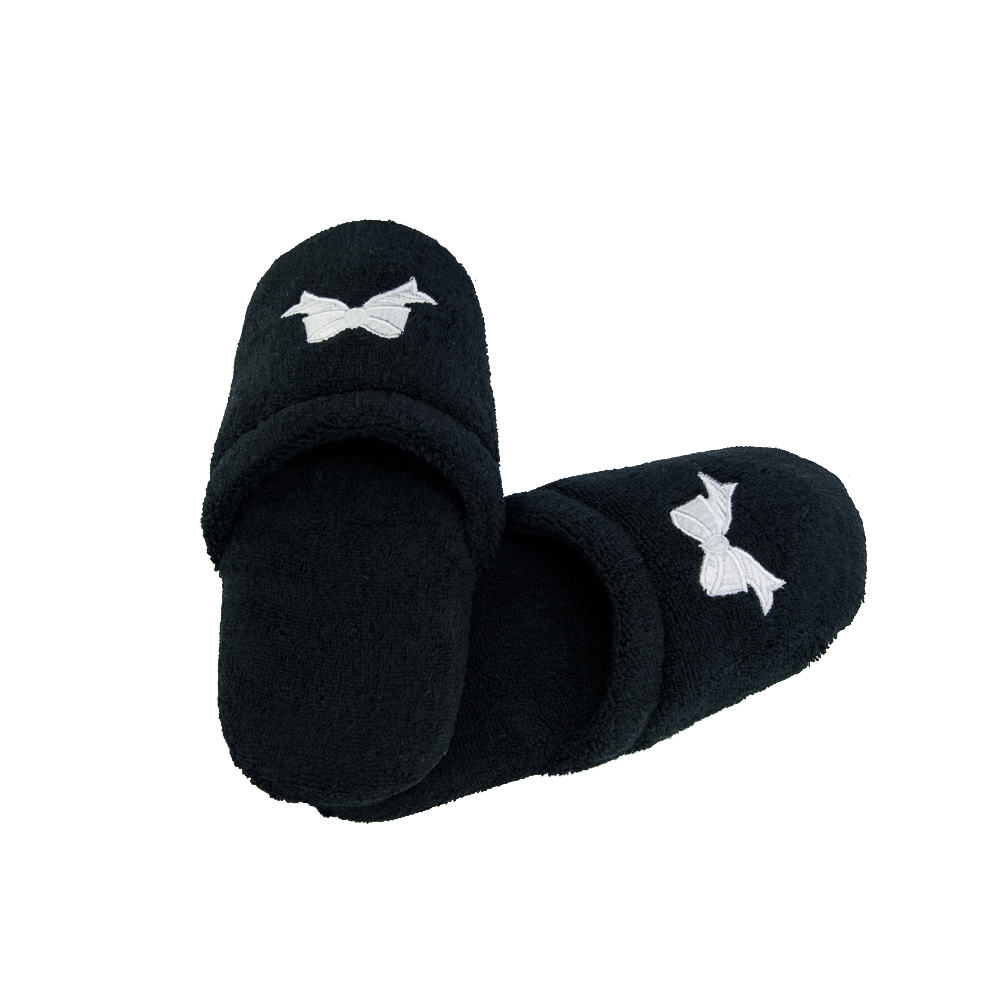 Her Black Terry Spa Slippers w/White Bows