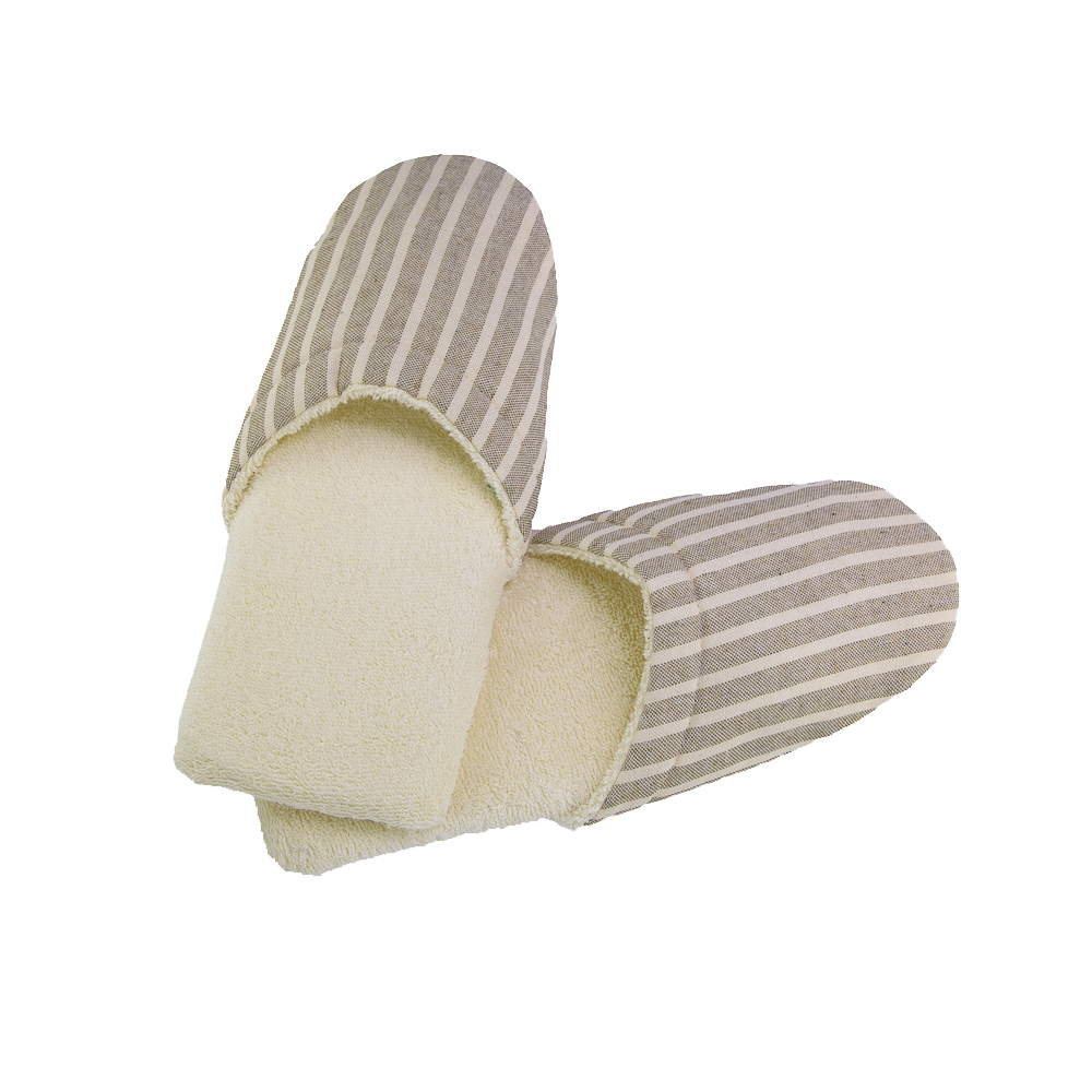 His Natural Terry Spa Slippers w/ Natural Stripe Linen