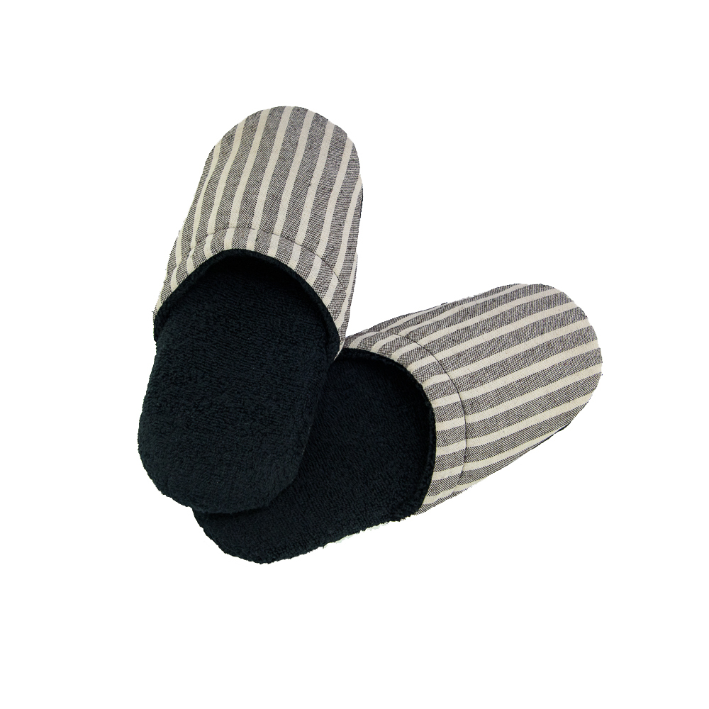 Her Black Terry Spa Slippers w/Black Stripe Linen