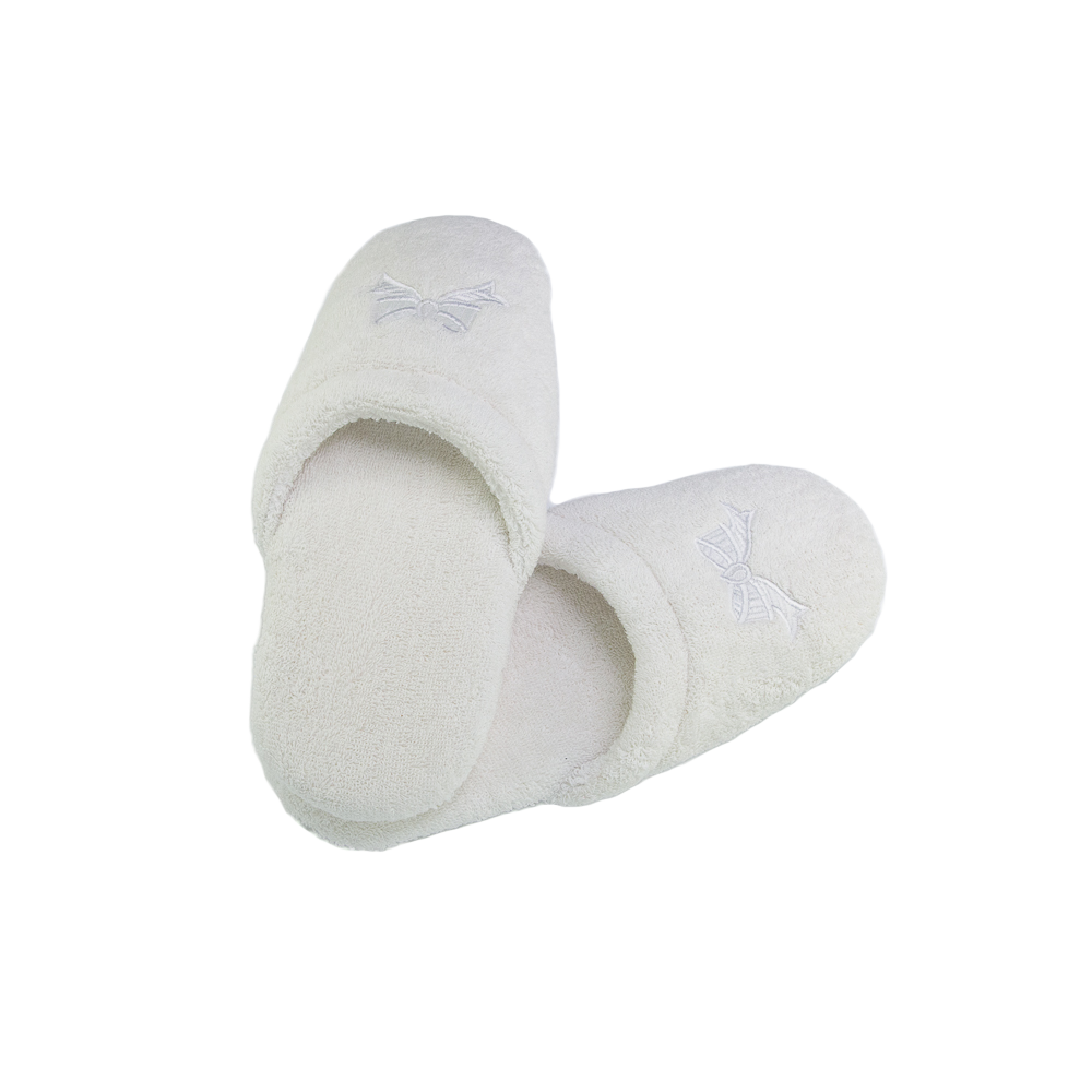 Her White Terry Spa Slippers w/White Bows