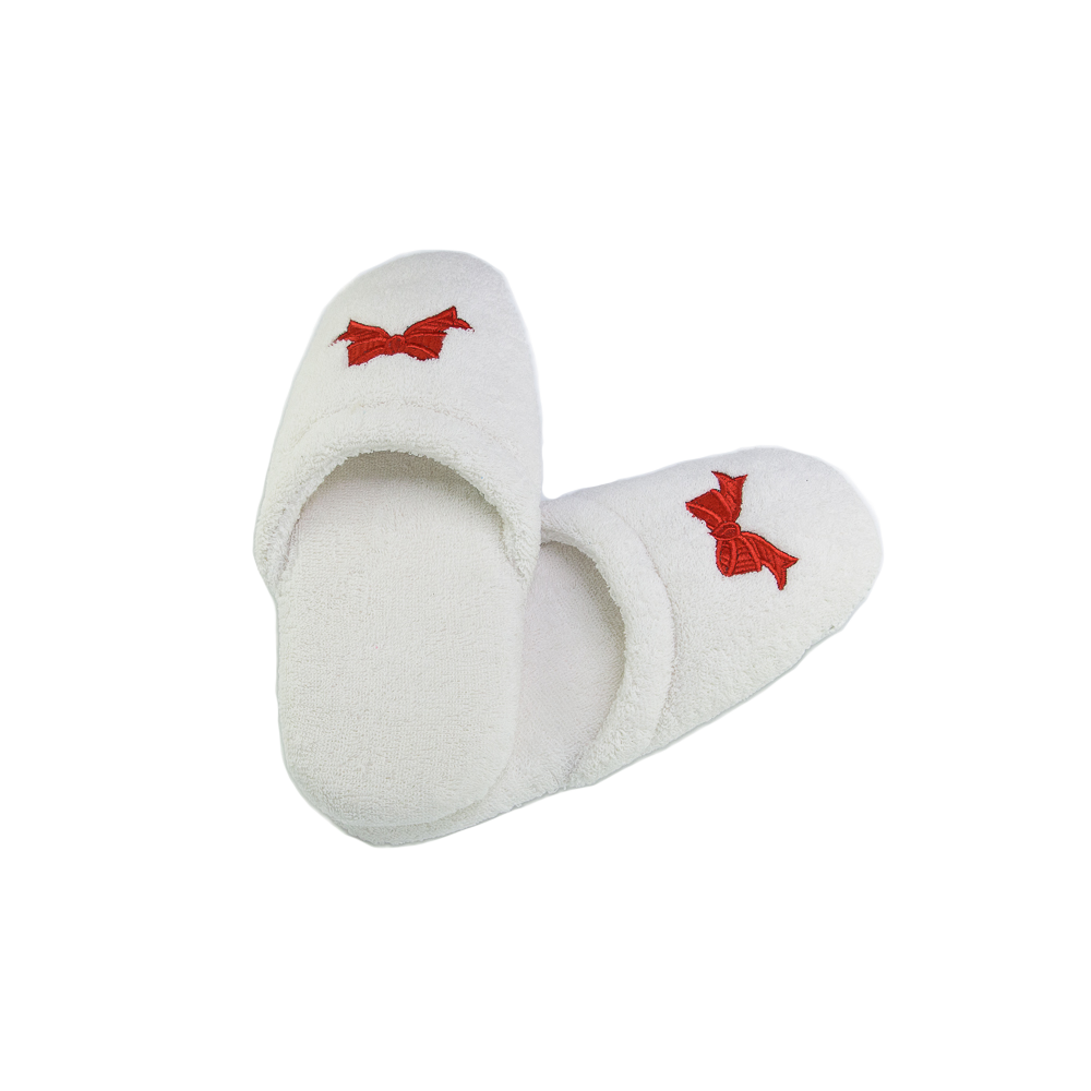 Her White Terry Spa Slippers w/Red Bows