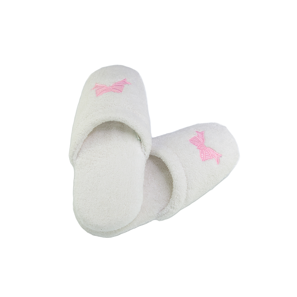 Her White Terry Spa Slippers w/Pink Bows