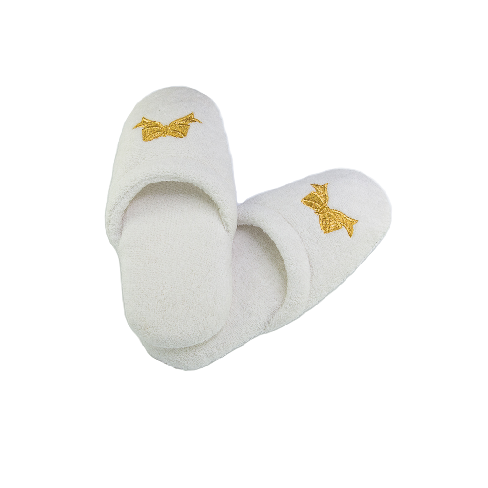 Her White Terry Spa Slippers w/Gold Bows
