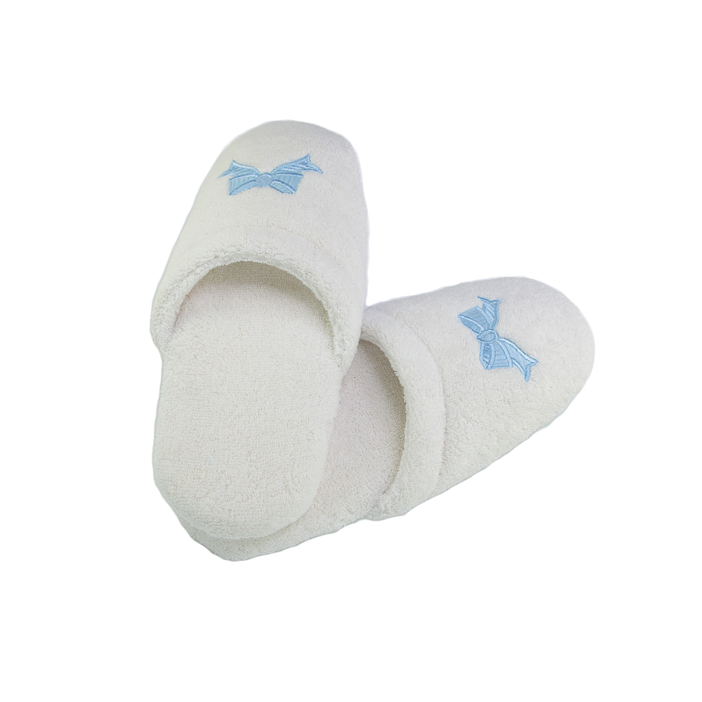 Her White Terry Spa Slippers w/Blue Bows