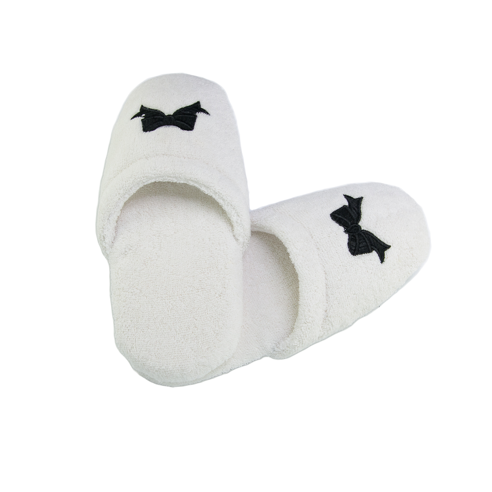 Her White Terry Spa Slippers w/Black Bows