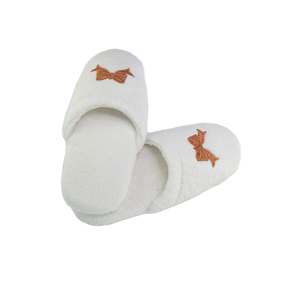Her White Terry Spa Slippers w/Copper Bows