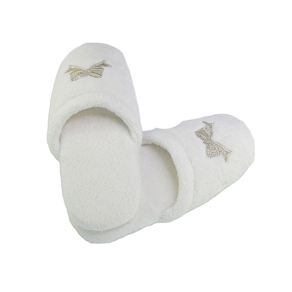 Her White Terry Spa Slippers w/Silver Bows