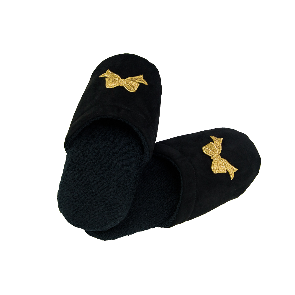 Her Black Terry Spa Slippers w/Gold Bows