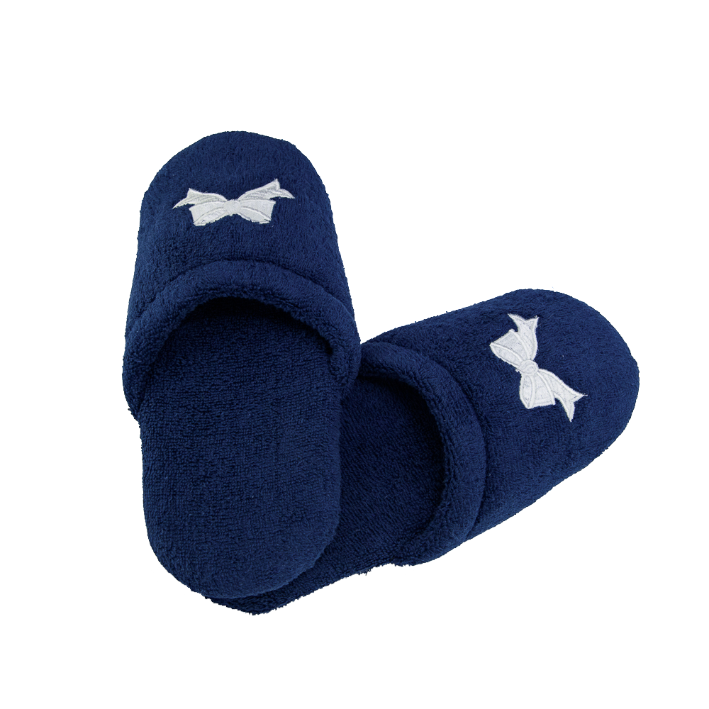 Her Navy Terry Spa Slippers w/White Bows