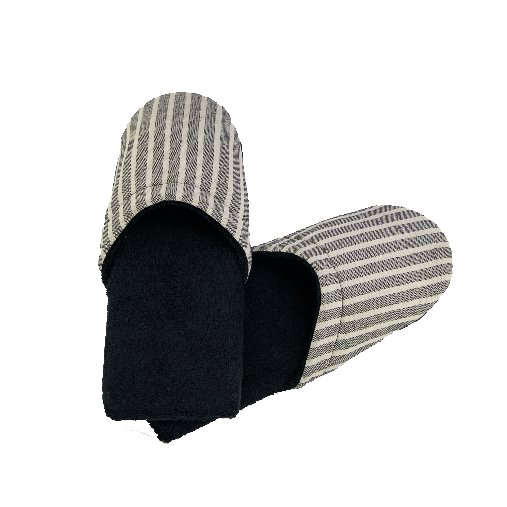 His Black Terry Spa Slippers w/Black Stripe Linen