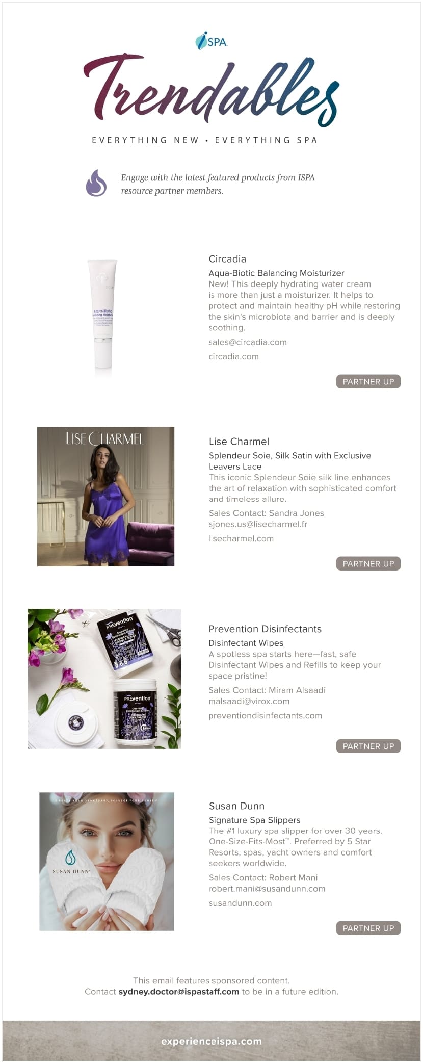 A promotional newsletter titled "Trendables" showcasing four spa-related products with images and descriptions.