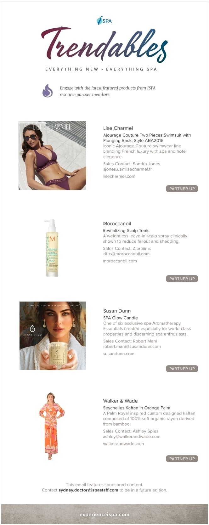 A promotional newsletter titled "Trendables" showcasing four spa-related products with images and descriptions.